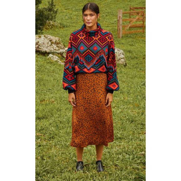 Farm Rio Rauti Beaded Sweater Small Turtleneck Aztec Knit Tassel Multicolor Top - Picture 2 of 11